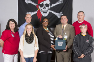 Pictured (L-R): Rachel Knighton, River Bend School Nurse, Marcus Osborne LAT, ATC, CVMC’s Director of Sports Medicine, Alicia Ferguson, River Bend Associate Principal, Carl Becker, RT(R), (CV), Director, Angiography Services at CVMC, Mike Laughter, River Bend Athletic Director, and in front, River Bend student athletes, Payton Goble and Dylan Roberts.